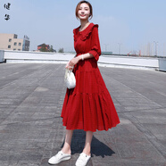 茵侈長裙女夏新款韓版氣質(zhì)收腰顯瘦雪紡連衣裙紅色超仙娃娃領(lǐng)裙子 紅色 S