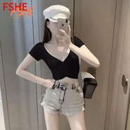 FSHE2025春夏季新款短袖t恤女韓版v領(lǐng)性感露背短袖t恤女短款高腰u緊身 黑色 黑色短袖前后可穿0--07 S （90斤以下