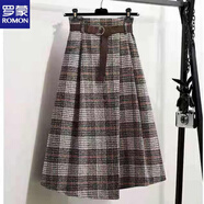 羅蒙（ROMON）大碼毛呢格子半身裙女秋冬a字裙中長(zhǎng)款不規(guī)則高腰加厚長(zhǎng)裙子傘裙 卡其色 L 建議120-140斤