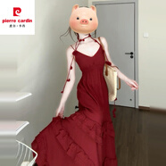 皮爾卡丹（pierre cardin）法式復(fù)古v領(lǐng)紅色吊帶連衣裙女春夏季2025新款海邊度假氣質(zhì)長裙 【酒紅吊帶裙】紅色連衣裙/裙子/ S