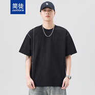 簡徒（JANTOUR）夏季新款刺繡寬松圓領(lǐng)五分袖t恤衫百搭潮流短袖T恤男士打底衫半袖 黑色 3XL