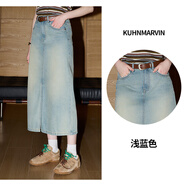 庫恩瑪維（KUHNMARVIN）【100棉】時髦水洗牛仔半身裙女2025年早春新款顯瘦A字裙K36798 淺藍(lán)色 S