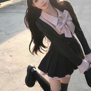 皓娥 早春假兩件長袖連衣裙女學(xué)院風(fēng)撞色拼接甜美蝴蝶結(jié)短裙收腰顯瘦 假兩件連衣裙-黑/粉領(lǐng) M 含腰帶領(lǐng)結(jié) 建議95-110斤