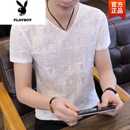 花花公子（PLAYBOY）夏季冰絲男士短袖T恤V領(lǐng)男裝2025新款鏤空雙層上衣韓版修身潮體恤 M20款白色 冰絲T恤 2XL 建議130-145斤