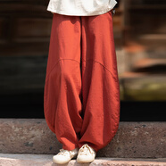 清河煙雨苧麻高端休閑褲佛系禪意寬松燈籠褲禪修闊腿褲春秋夏中式棉麻女裝 焦糖 L