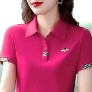 凡古拉短袖翻領(lǐng)T恤女2022夏裝新款繡花洋氣純棉polo衫顯瘦氣質(zhì)減齡上衣 玫紅(夏款) 女XL/(建議110-120斤)