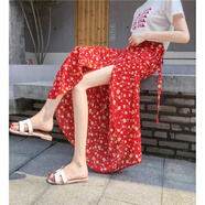 奢品佳一片式裹裙  波西米亞民族風(fēng)包臀裙女夏一步裙開衩沙灘裙度假半身 紅色小黃花 均碼