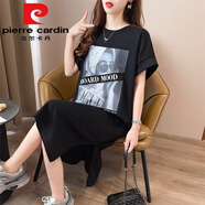 皮爾卡丹（pierre cardin）夏季新款卡通簡(jiǎn)約短袖連衣裙女韓版休閑圓領(lǐng)寬松腰胖MM顯瘦直筒裙 黑色-美棉斜紋好質(zhì)量今年流行的 XL 130-150斤