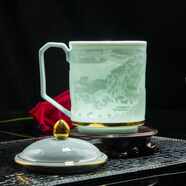 蒲戀德國進(jìn)口品質(zhì)禮品瓷雕刻清明上河圖影青釉陶瓷茶杯帶蓋辦公杯家用 金邊雕刻清明上河圖 400mL(不含)-600mL(含)