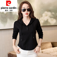 皮爾卡丹（pierre cardin）棉質(zhì)連帽長(zhǎng)袖T恤女春秋修身顯瘦短款洋氣上衣打底帽衫薄衛(wèi)衣針織 黑色 S
