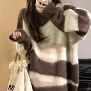 妙奕嘉毛衣女秋冬季軟糯上衣慵懶風(fēng)女裝學(xué)生針織衫內搭可外穿中長(cháng)款寬松 暖色系條紋毛衣 均碼
