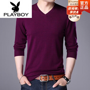 花花公子（PLAYBOY）品牌高端 羊毛針織衫男V領純色韓版毛衣男士雞心領長袖薄款打底衫 花紅 M 165/105(100-120斤)