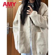 愛麥依美式復古針織夾克衛(wèi)衣外套女春秋季新款棒球服薄款外搭開衫感 淺灰色款 L 96-115斤