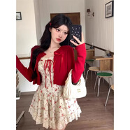 天啟世紀茶系穿搭一整套初秋季小個(gè)子甜妹純欲碎花吊帶連衣裙子兩件套裝女 紅色套裝 M