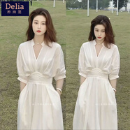 矜持范小眾設計氣質(zhì)襯衫連衣裙女高端收腰修身V領(lǐng)輕奢中長(cháng)款夏新款裙子 白色帶后拉鏈有口袋 M 建議95-105斤