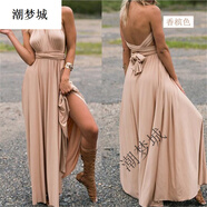 潮夢(mèng)城紅色晚禮服 宴會(huì )禮服 小個(gè)子歐美款性感吊帶多種穿法綁帶連衣裙 香檳色 半裙長(cháng)106cm S