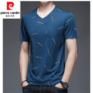 皮爾卡丹（pierre cardin）絲光棉V領(lǐng)T恤男短袖體恤衫潮流印花純棉上衣服雞心領(lǐng)半袖體恤上衣 字母【V】深藍(lán) L 170/ 建議110-130斤