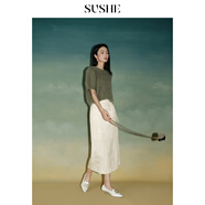 束皙SUSHE 奢牌同源超幼馬海毛純色彈力女針織白色短袖毛衣秋季 冬梨綠 M