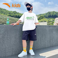 安踏男童運(yùn)動套裝夏裝冰絲速干短袖短褲兩件套T恤五分褲兒童衣服 白T藍(lán)褲5103H 藍(lán)褲 160
