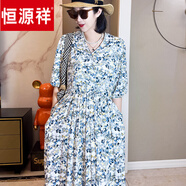 恒源祥2025新款棉綢連衣裙夏季碎花印孕婦人造棉寬松外穿中袖女裝 荷塘月色 口袋款 M 裙長(cháng)：135C 適合身高160以上