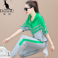 袋鼠（DAISHU）冰絲運動(dòng)服套裝女夏季明星同款洋氣寬松圓領(lǐng)短袖長(cháng)褲休閑兩件套 豆綠 XL(適合105斤-120斤 舒適透氣，