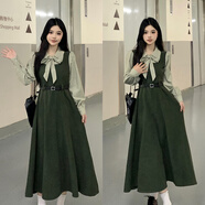 現(xiàn)寶蓮大碼法式條紋燈芯絨連衣裙女秋季感裙子胖MM顯學(xué)院風(fēng)A字裙 圖片色皮帶 (建議90-100斤) M
