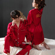 雅鹿結婚睡衣新婚情侶套裝冰絲晨袍女新娘婚用紅色本命年 NSYXX-509純色 M 女-(建議80-105斤)