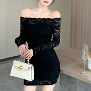 秀絲路露肩一字肩連衣裙高級感性感夏辣妹女胖MM大碼季氣質(zhì)內搭修身顯瘦 黑色 XL 【115-125斤】