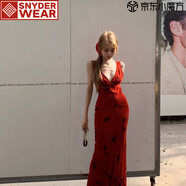 SNYDER WEAR復(fù)古氣質(zhì)紅色吊帶連衣裙女夏季v領(lǐng)印花裙子修身收腰包臀魚尾長裙 紅色【版】 2XL 建議【130-145斤】