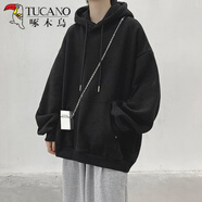 啄木鳥(niǎo) 連帽衛衣男春秋冬季寬松百搭加厚外套男純色潮流長(cháng)袖上衣服男裝 黑色 L （110-130斤）