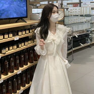伊薇衣小個子奶fufu白色連衣裙女2025春秋新款法式設(shè)計感蝴蝶結(jié)仙女長裙 白色 S