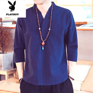 花花公子（PLAYBOY）中國風(fēng)男裝亞麻短袖T恤夏季唐裝半袖中袖寬松中式七分袖棉麻上衣 藏青色 2XL 145-160斤