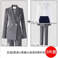 古緹琪正裝女套裝大學(xué)生面試職業(yè)裝西裝外套女2025新款西服職場(chǎng)工作服春 灰色西服+直筒褲+V領(lǐng)襯衫 L