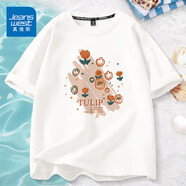 真維斯（JEANSWEST）純棉短袖女夏季2025新款設(shè)計(jì)感小眾草莓熊寬松印花t恤女裝半袖衫 白色 郁金香畫卷橘_B_前正中 M