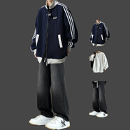 安初夏美式拼接運(yùn)動(dòng)夾克外套男士休閑套裝春秋季潮牌一整套棒球衣服男裝 藏青色+白長T+J50牛仔褲黑 L