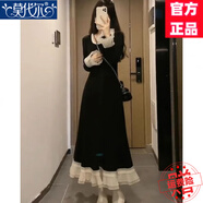 莫代爾法式花邊拼接長(cháng)袖連衣裙女2025春秋新款打底內搭彈力收腰針織長(cháng)裙 黑色 M 100-115斤左右均可