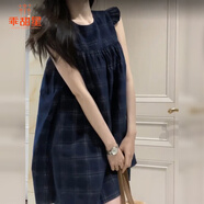 乖甜星藍(lán)色小飛袖格子吊帶連衣裙子女裝夏季2025新款小個(gè)子無袖背心短裙 藍(lán)格裙 S 40-45kg