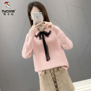 啄木鳥(niǎo)蕾絲娃娃領(lǐng)羊毛針織衫寬松毛衣2025春秋款韓版厚款打底衫上衣女 粉紅色 S 80-95斤