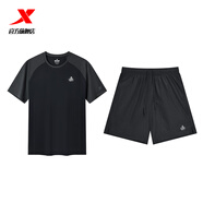 特步范丞丞同款玩水套裝男女新款夏季防曬外套運動(dòng)速干t袖短褲三件套 正黑色+正黑色（短T+短褲）-男 M