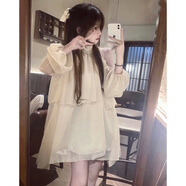 FSHE法式杏色珍珠掛脖露肩純欲連衣裙女2025春性感甜美長袖雪紡連衣裙 杏色 L
