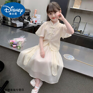 迪士尼寶寶女童連衣裙2025新款夏季兒童洋氣國風公主裙夏裝女孩中式套裝裙子 杏色 140 建議130-140cm9-10歲cm