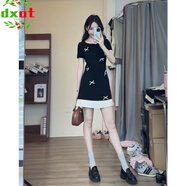 DXOT純欲風(fēng)甜美短裙夏季收腰顯瘦Miu系設計感圓領(lǐng)蝴蝶結氣質(zhì)連衣裙女 黑色連衣裙-短袖版 M :【98-110斤】