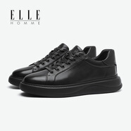 ELLEHOMME小黑鞋男真皮軟牛皮百搭鞋子男透氣時(shí)尚休閑鞋板鞋 YQ9C916870【2025新款】 39