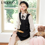 LAGOGO泡泡袖蝴蝶結拼接連衣裙女拉谷谷秋冬新款宮廷風(fēng)法式赫本裙 黑米(WT) M 160/38