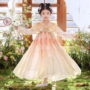 安妮優(yōu)兒中秋節女童漢服連衣裙中國風(fēng)兒童唐裝古風(fēng)超仙公主裙 粉色 150