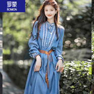 羅蒙（ROMON）女裝復(fù)古藍色薄款牛仔連衣裙女2024春夏新款韓版時尚天絲顯瘦裙子 牛仔藍 M 建議100斤以內(nèi)