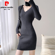 皮爾卡丹（pierre cardin）打底針織連衣裙女V領(lǐng)秋冬季配大衣內搭毛衣裙修身小個(gè)子包臀短裙 灰色 M 100-110斤