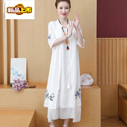 初徑2026春秋新款韓版大碼寬松中長(cháng)款民族風(fēng)刺繡長(cháng)裙兩件套繡花連衣裙 白色 M 建議100-110斤