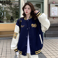 MXQP美式棒球服外套女2025春秋新款韓版刺繡百搭寬松學生夾克ins潮牌 A33藏青色 【皮袖雙層有內(nèi)里】 L 【建議100-125斤】