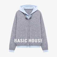 百家好（Basic House）2025春新款羊毛針織開(kāi)衫女連帽假兩件上衣外套設計感內搭打底衫 灰色 L